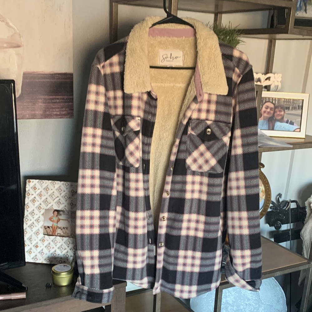 Soho Black and Pink Plaid Jacket with Sherpa Collar